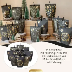 Adventskalender Tüten Schwarz-Gold – 24 Papiertüten mit Klammern