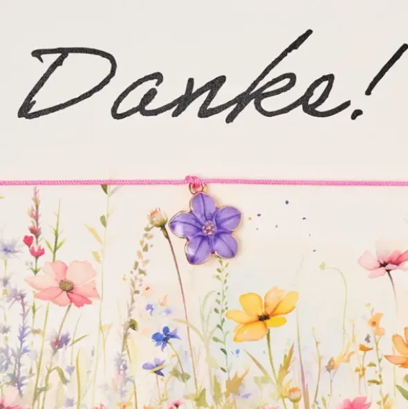 Armband Karte - Danke, Anhänger Blume vergoldet 18K