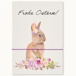 Armband Karte - Frohe Ostern, Anhänger Osterhase vergoldet 18K