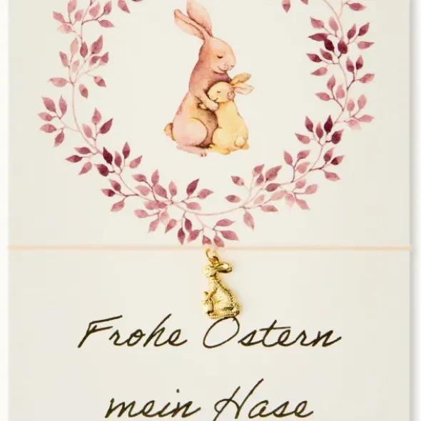 Armband Karte - Frohe Ostern mein Hase, Anhänger Osterhase vergoldet 18K