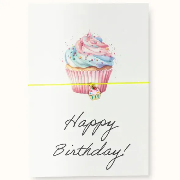 Armband Karte "Happy Birthday HF" mit Anhänger Cupcake 18K vergoldet