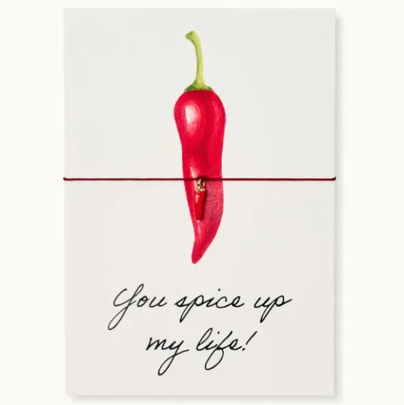 Armband Karte - You spice up my life!, Anhänger Chilischote vergoldet 18K