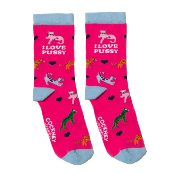 Damensocken mit Katzen Motiv - Sockenpaar mit Spruch I LOVE PUSSY Gr. 37-42