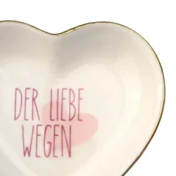 Dekoteller Herz aus Porzellan – weiße Ablageschale mit Schriftzug Der Liebe wegen