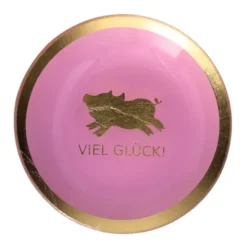 Dekoteller "Viel Glück" rosa – runder Glasteller mit Schweinchen-Motiv gold