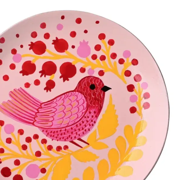 Dekoteller Vogel – runde Schmuckschale aus Mangoholz mit rosa Vogelmotiv