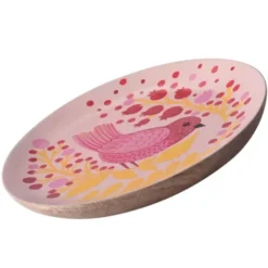 Dekoteller Vogel – runde Schmuckschale aus Mangoholz mit rosa Vogelmotiv