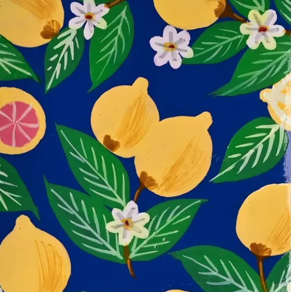 Dekoteller Zitrone aus Mangoholz – eckige Schmuckschale blau mit Zitronenmotiv
