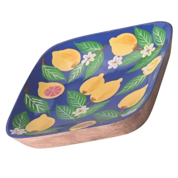 Dekoteller Zitrone aus Mangoholz – eckige Schmuckschale blau mit Zitronenmotiv