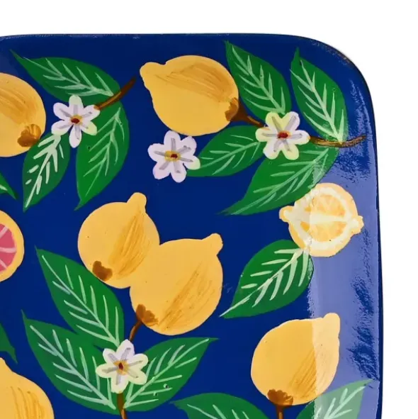 Dekoteller Zitrone aus Mangoholz – eckige Schmuckschale blau mit Zitronenmotiv