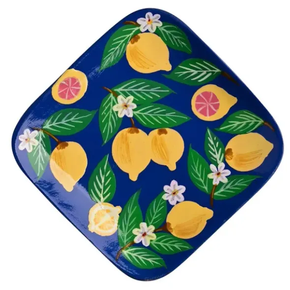 Dekoteller Zitrone aus Mangoholz – eckige Schmuckschale blau mit Zitronenmotiv