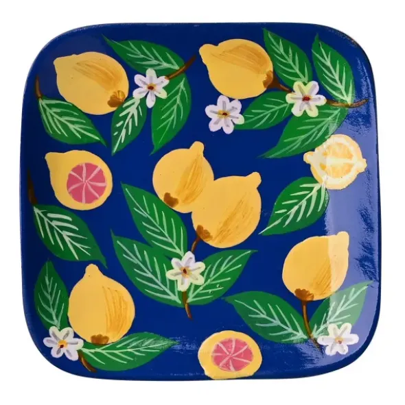 Dekoteller Zitrone aus Mangoholz – eckige Schmuckschale blau mit Zitronenmotiv