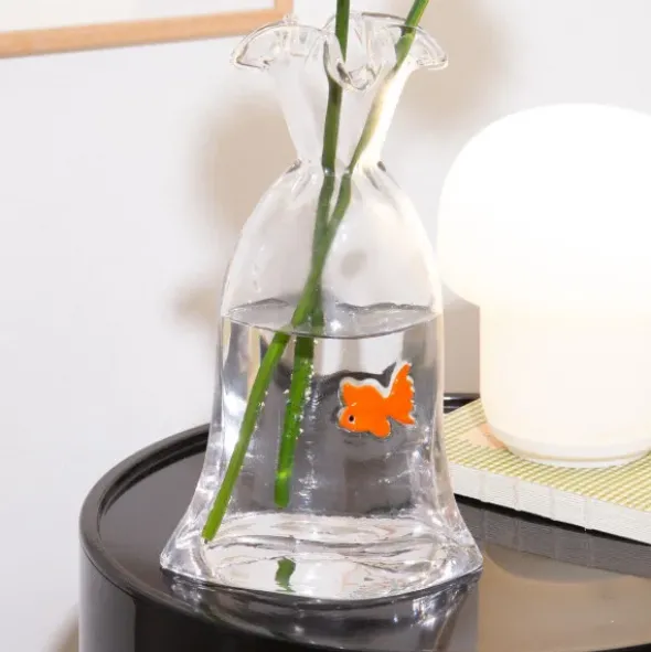 Design Glasvase mit Goldfisch – Deko Vase aus klarem Glas 22 cm