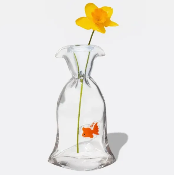 Design Glasvase mit Goldfisch – Deko Vase aus klarem Glas 22 cm