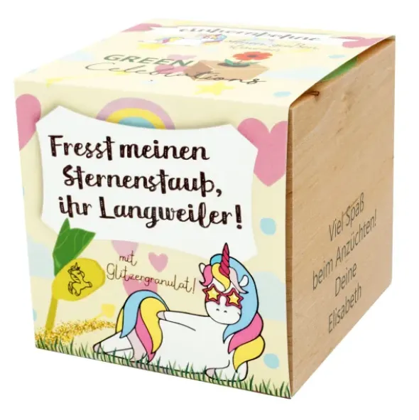 Einhorn-Bohne im Holzwürfel - Sternenstaub, personalisiert