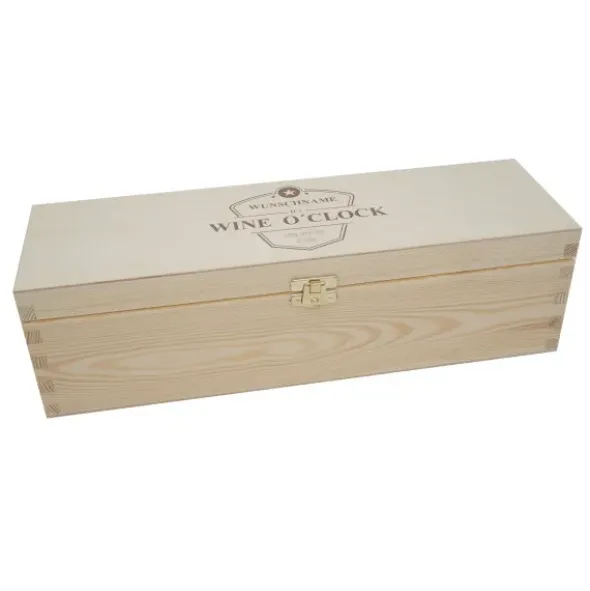 Flaschenverpackung Geschenkkiste Holz, Wine O'Clock + Gravur
