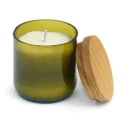 Glas mit Duftkerze und Holzdeckel Eiche, grün - Zitronenduft