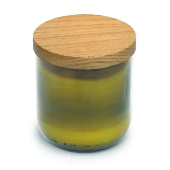 Glas mit Kerze und Holzdeckel Eiche, grün - ohne Duft