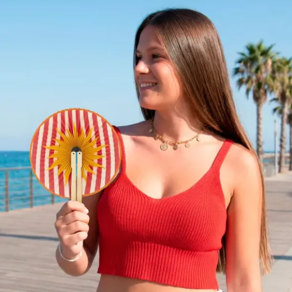 Handfächer Pai Pai Sonne – klappbarer Fächer rund mit Holzgriff