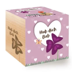 Herzblattklee im Holzwürfel - Hab dich lieb