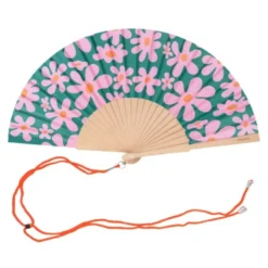 Holzfächer 42 cm Blumenmotiv pink - Handfächer mit Textilbespannung & Trageschlaufe