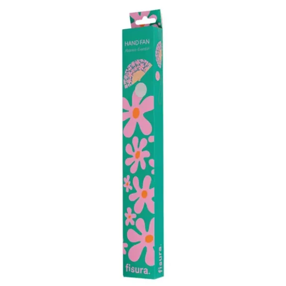 Holzfächer 42 cm Blumenmotiv pink - Handfächer mit Textilbespannung & Trageschlaufe