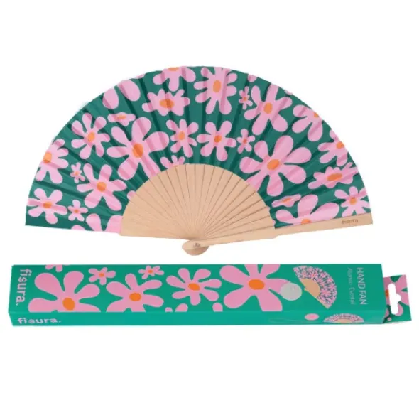 Holzfächer 42 cm Blumenmotiv pink - Handfächer mit Textilbespannung & Trageschlaufe