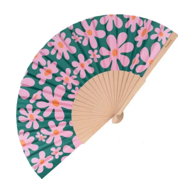 Holzfächer 42 cm Blumenmotiv pink - Handfächer mit Textilbespannung & Trageschlaufe