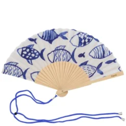 Holzfächer 42 cm Fische blau-weiß - Handfächer mit Textilbespannung & Trageschlaufe