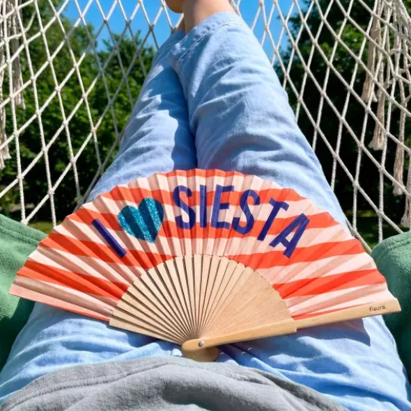 Holzfächer 42 cm I LOVE SIESTA - Handfächer mit Textilbespannung & Trageschlaufe