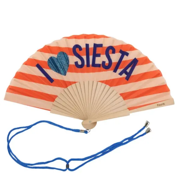 Holzfächer 42 cm I LOVE SIESTA - Handfächer mit Textilbespannung & Trageschlaufe