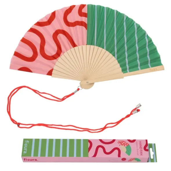 Holzfächer 42 cm rosa-grün gemustert - Handfächer mit Textilbespannung & Trageschlaufe