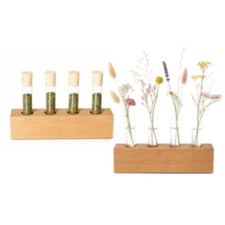 Holzvase & Gewürzdepot aus Eichenholz – mit Reagenzgläsern und Korkstöpseln