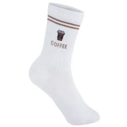 Kaffee Socken Gr. 40-43 - weiße Motivsocken mit gesticktem Coffee to go Becher und Schriftzug