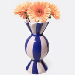 Keramik Vase in Bonbon-Optik, rosa blau gestreift 20 cm