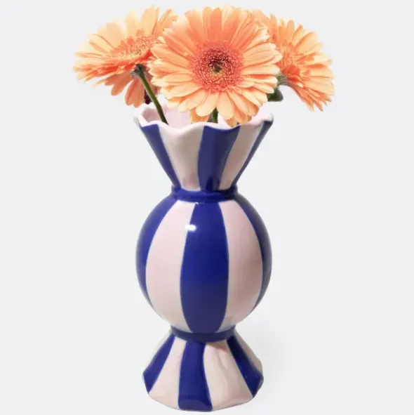 Keramik Vase in Bonbon-Optik, rosa blau gestreift 20 cm