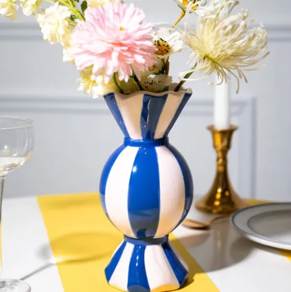 Keramik Vase in Bonbon-Optik, rosa blau gestreift 20 cm