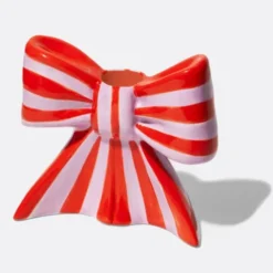 Kerzenhalter Schleife lila rot gestreift – Kerzenständer 11 cm aus Keramik für Stabkerzen