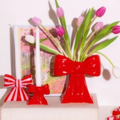 Kerzenhalter Schleife lila rot gestreift – Kerzenständer 11 cm aus Keramik für Stabkerzen
