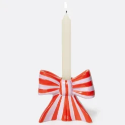 Kerzenhalter Schleife lila rot gestreift – Kerzenständer 11 cm aus Keramik für Stabkerzen
