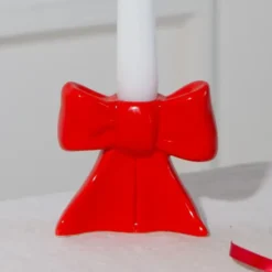 Kerzenhalter Schleife rot – Kerzenständer 8 cm aus Keramik für Stabkerzen