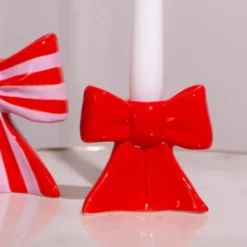 Kerzenhalter Schleife rot – Kerzenständer 8 cm aus Keramik für Stabkerzen
