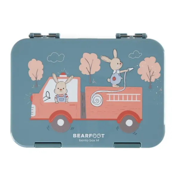 Kinderlunchbox FEUERWEHRAUTO & HASEN mit Fächern, Bentobox M blau