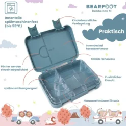 Kinderlunchbox FEUERWEHRAUTO & HASEN mit Fächern, Bentobox M blau