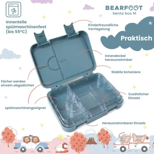 Kinderlunchbox FEUERWEHRAUTO & HASEN mit Fächern, Bentobox M blau