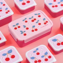 Kinderlunchbox 1,2 l mit Kirschen Motiv rosa - 3 Fächer mit herausnehmbarer Innenschale