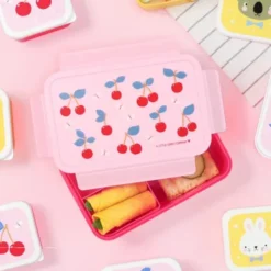 Kinderlunchbox 1,2 l mit Kirschen Motiv rosa - 3 Fächer mit herausnehmbarer Innenschale