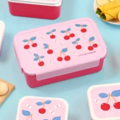 Kinderlunchbox 1,2 l mit Kirschen Motiv rosa - 3 Fächer mit herausnehmbarer Innenschale