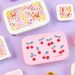 Kinderlunchbox 1,2 l mit Kirschen Motiv rosa - 3 Fächer mit herausnehmbarer Innenschale