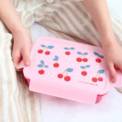 Kinderlunchbox 1,2 l mit Kirschen Motiv rosa - 3 Fächer mit herausnehmbarer Innenschale